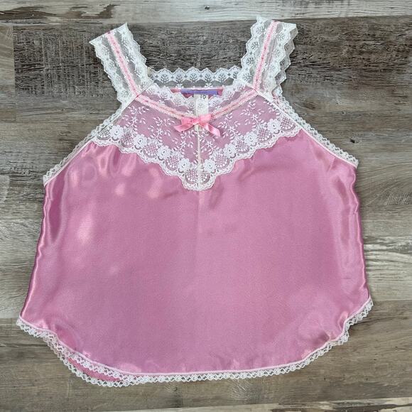 Vintage Pink Lace Trim Satin Camisole Tank Union Made in USA Coquette M - Picture 1 of 5
